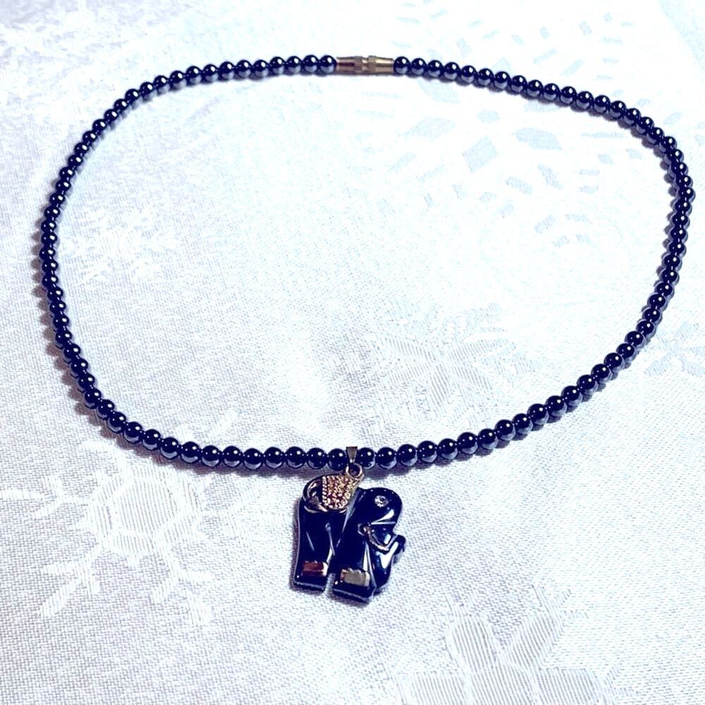 Vintage Elephant Trunk Up for Good Luck Hematite Necklace 16" Screw Closure
